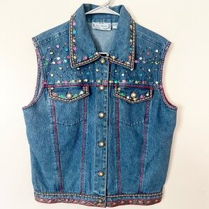 Vintage Beaded Embroidered Denim Vest Colorful Artsy Art Teacher Western Large